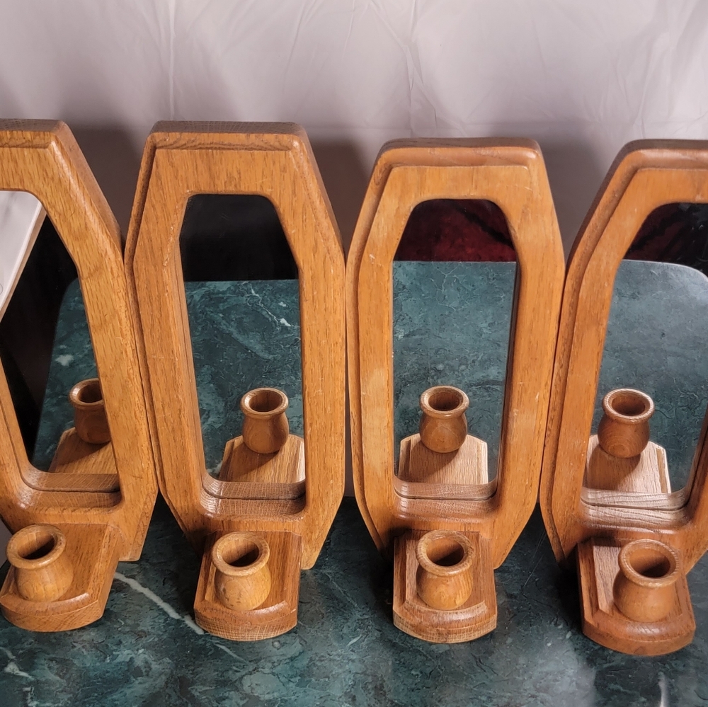 Vtg Oak Wood Wall Sconces Mirror Taper Candle Holders 12.25" Tall Lot of 4
